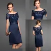 Cheap Navy New Blue Mother Of The Bride Dresses Scoop Neck Short Sleeves Lace Aequins Knee Length Custom Wedding Guest Evening Gowns