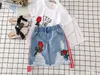 2 sztuk / partia Lato Nowy Projekt Haft Rose Kwiat Dzieci Krótki Top + Denim Spódnica Moda Boutique Kids Suit Sets Odzież Dżingi