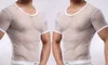 Casual Solid Tight Sexy Mens Fitness Super Thin Shapewear Transparent Mesh See Through Short Sleeve T shirt Tops Tees Undershirt