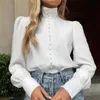 Kantoor Dame Stand Hals Knoopt Blouse Shirt Dames Letter Print Puff Long Sleeve Blouses Elegante Casual Button Blusa Tops
