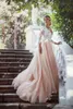 ロマンチックな2019レースピンクのウェディングドレス高品質の深いVネックチュールブライダルガウンカスタムメイドのサイズ
