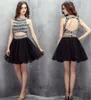 Inexpensive Sexy Hand Beading Two Pieces Black Homecoming Dresses Pearls sleeveless Cocktail Dresses Backless Prom Gowns HY310