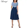 Vfemage Women Notch V Neck Colorblock Patchwork Pockets Pleated Work Office Business Casual Party Flare A-Line Skater Dress 1031