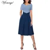 Vfemage Women Notch V Neck ColorBlock Patchwork Pockets Pleated Work Office Business Casual Party Flare A-Line Skater Dress 1031