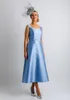 Bleu ciel clair dentelle mère de la mariée robes col carré manches courtes Satin mariage invité robe thé longueur robes formelles