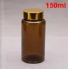 100PCs 150ml genomskinliga bruna djurprovslager, solid flaska, plastflaskor med guld / svart / silverfärger Aluminiumlockstätningar