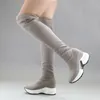 Qutaa 2020 Stretch Tkaniny nad kolanami Buty Wzrastające Round Toe Kobiety Buty Jesień Zima Casual Długie Buty Rozmiar34-43