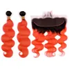 Cabello humano peruano # 1B / Naranja Ombre 2 paquetes Raíces negras con frontal 3 piezas Lote Onda del cuerpo Ombre Cierre frontal de encaje naranja 13x4 con tejidos