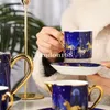 Luxurious golden-rimmed Blue color Carousel coffee set Bone china cups and saucers Porcelain tea set 15 pcs Ceramic Tableware set 323K