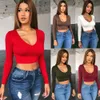 Fashion Women Long Sleeve Sexy Crop Tops T-Shirts Spring Summer Tee Top Deep V Neck Solid Color Basic Tops Slim Female Shirts