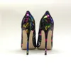 Casual Designer Sexy Lady Fashion Women Shoes Graffiti Printed Patent Leather Pointy Toe Stiletto Stripper High Heels Zapatos Mujer Prom Evening pumps Large size 44