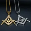 High Quality 316 Stainless Steel Gold Silver Freemason Masonary Masonic Pendant Compass Square Star Necklace Pendant Jewelry With CZ Stones