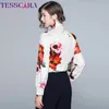Tesscara Dames Lente Elegante Floral Print Blouse Shirt Vrouwelijke Mode Boog Designer Office Party Chemise Top Womens Tops Blouses