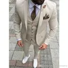 İnce (Ceket + Pantolon + Vest + Tie) J680 Damat smokin Bir Düğme Bej Notch Yaka Man İş Suit Wedding Erkek Blazer Parti Suits uyar