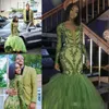 Modest Black Girls Green Mermaid Prom Dresses Long Sleeves Sequins Appliqued Tulle Plunging Illusion Formal Evening Wear Party Gowns 401 401