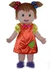 2019 Hoge kwaliteit Hot Custom Made A Little Girl Mascot Costume Draag een oranje jurk en roze stropdas te koop