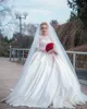 2020 Nuovo abito da ballo arabo moderno Abiti da sposa Gioiello Collo Appliques in pizzo Maniche lunghe Raso Plus Size Bottone Indietro Abiti da sposa formali lunghi