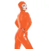 PVC Islak Bak Kapüşonlu Catsuit Kadınlar Seksi Uzun Kollu Tulum Fermuar Açık Kasık Clubwear Fantezi Catwoman Cosplay Bodycon Bodysuit