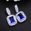 Moda Bridal Wedding Ladies Royal Jewelry CZ Crystal Inlay Dark Blue Square Cubic Cyrkon Big Oświadczenie Drop Kolczyki E157