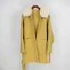 OftBuy Real Fur Coat Winter Jacket Women Loose NaturalFox Fur Collar Cashmere Wool Blends Outerwear Streetwear特大