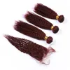 Wine Red перуанские Kinkys Фигурные 3Bundles человеческих волос с закрытием 99J Burgundy Виргинские Наращивание волос Curly переплетений с Lace Closure 4x4