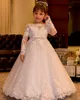 2019 New Cute Girls Dresses Backless Gown ff Shoulder Bateau Long Sleeves Flower Girls' Dresses With Sash Princess Lace Appliques Tulle Wed