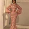 2019 Arabiska High Neck Lace Mermaid Evening Klänningar Långärmad Ruched Formell Golvlängd Prom Klänningar Party Gowns BC0673