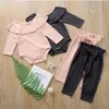 Ensemble de vêtements pour bébé fille, barboteuse à volants, pantalon à nœud, tenue pour nouveau-né, manches longues, couleur unie, vêtements d'automne pour bébé, 3 couleurs, ZYQ 43