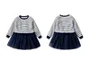 2019 höst vinter flickor tröja klänning stripe jumper baby barn kläder bomull barn pullover stickat mesh sömnad kjol