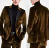 Brown Velvet repicado terno dos homens lapela Slim Fit Wedding Tuxedo Formal Noivo Prom Jantar Lazer Blazer 2 Pieces (Jacket + calça)