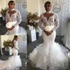 Abiti da sposa a sirena taglie forti Collo alto con applicazioni di pizzo Gonna a strati Abito da sposa sexy con scollatura sulla schiena a maniche lunghe personalizzato