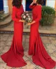 Cheap Red Long Sleeves Formal Evening Dresses Backless Lace Jewel Neck Mermaid Prom Dresses Sweep Train Women Party Gowns