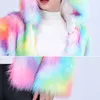 2018 neue Herbst-Winter-Frauen-Mode Regenbogen-Farben-Pelz-Jacken-Parka mit Kapuze Warme Imitation Pelzmäntel Weiblich Ls229
