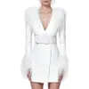 2020 femmes hiver chaud élégant blanc robe midi veste manches longues plumes v-col sexy célébrités soix soir robes vestidos