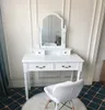Gratis frakt grossist Tri-fold spegel dresser med dressing pall vit dressing bord 5 lådor