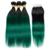 # 1B / Green Ombre Cabelo Humano Indiano Reta 3 Pacotes com Fechamento Ombre Cabelo Indiano Verde com Fecho Verde Escuro Ombre Fechamento Do Laço 4x4