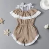 Baby Rompers Girls Lace Suspender Jumpsuits Summer Lotus Leaf Collar Cotton Linen Onesies Outfits Children Off Shoulder Bodysuits PY617