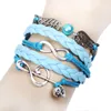 Wholesale- Skull Antique silver infinity bracelet with angle's wing leather wrap bracelets for women or man Q8025