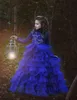 Vintage Royal Blue Girls Pageant Dresses High Collar Lace Top Tiered Ruffles Princess Cake Dress Formal Party Birthday Gowns