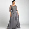 Plus Size Gray Mother Of The Bride Dresses With 3 4 Sleeves Scoop Neck Lace Chiffon Women Formal Gowns