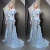Ziad Nakad 2019 Feather Evening Dresses Långärmade Lace Appliques Prom Lacks Jewel Avtagbara Tåg Beaded Sequins Luxurious Party Dresses
