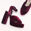 -Wine Red Royal Blue Velvet Platform Sandalen Criss Criss Buckle High Heel Ladies Gladiators Zomer feestschoenen228p