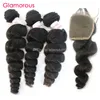 O cabelo brasileiro glamoroso tece com fecho de renda superior 4 pçs / lote Brazia de fechamento de cabelo onda solta com cabelo humano tecer pacotes