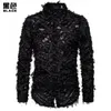 Black Feather Lace Shirt Men Fashion See Through Clubwear Dress Shirts Mens Event Party Prom Transparent Chemise S-3XL