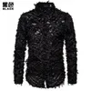 Svart Feather Lace Shirt Men Mode Se genom ClubWear Dress SHIRTS Mens Event Party Prom Transparent Chemise S-3XL