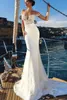 2019 Nowa Linia Lato Suknie Ślubne Eleganckie Sheer Lace Off Ramię Backless Aplikacje Ruched Sweep Pociąg Satin Bride Wedding Suknie