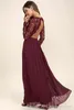 Western Country Style Maroon Chiffon Bridesmaid Dresses Burgundy Lace Long Sleeves V-Neck Backless Beach Wedding Party Dresses Cheap