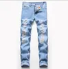 Große Herren-Jeans, klassisch, gerades Bein, zerrissen, Modedesigner, schmale Passform, gewaschenes Vollloch, Biker-Hip-Hop, blaue Denim-Hose JB2