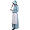 Mardi Gras Costume for Women Vintage French Style Floral Dress Colonial 17th Century Historical Blue Long Sleeve Apron Bonnet Cost261p