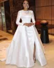 Enkel bröllopsklänning med långärmad Frint Split Court Train Satin Billiga Bröllopsklänning African Plus Size Gowns Vestido de Noiva